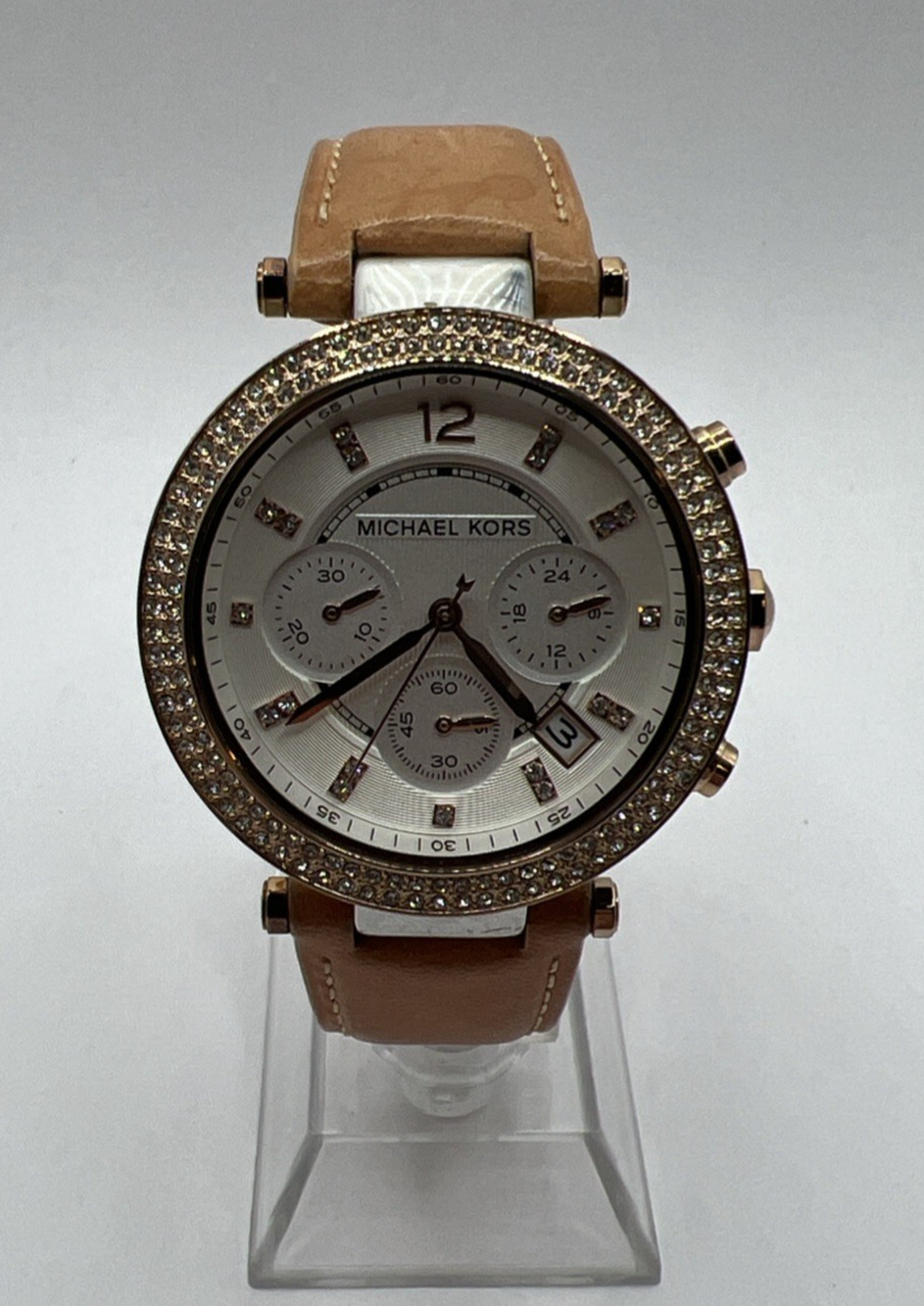 Micahel Kors Parker Chronograph Watch Women MK-5633 Silver Dial Rose Gold Tone